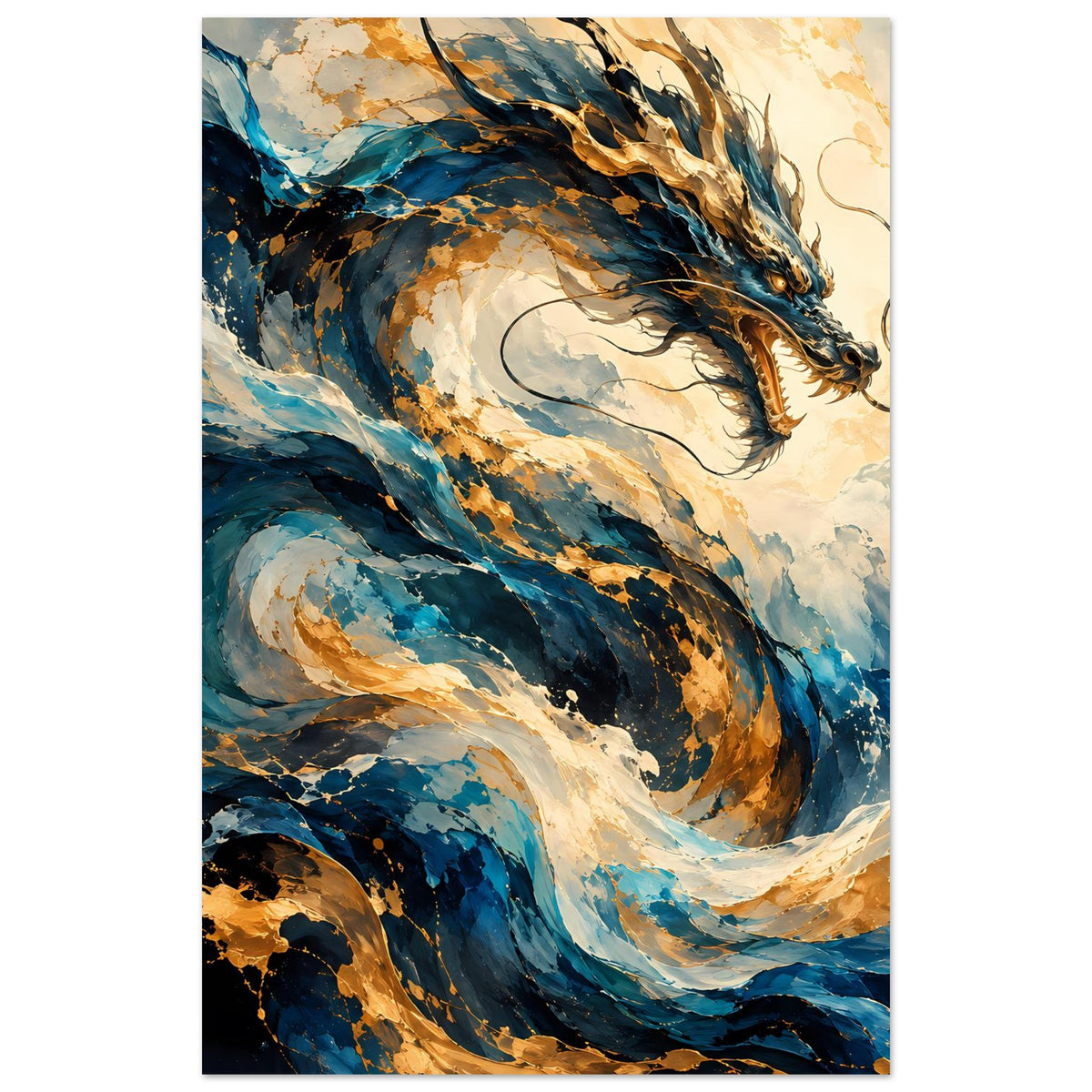 Vertikales Fantasy-Poster: Drachenkopf mit blauen Schuppen und goldenen Akzenten, dynamisch