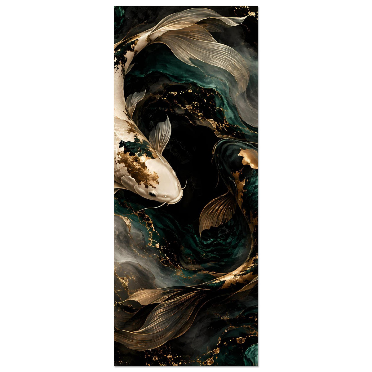 Koi-Fisch Kunstposter, schmal hochformat: weißer Koi links, goldener Koi rechts im Wirbel