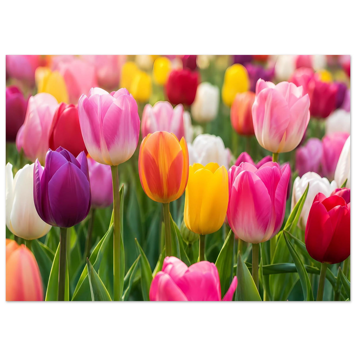 Tulpen-Gartenposter mit rosa, gelben und roten Tulpen, mittig zugeschnitten, querformatig