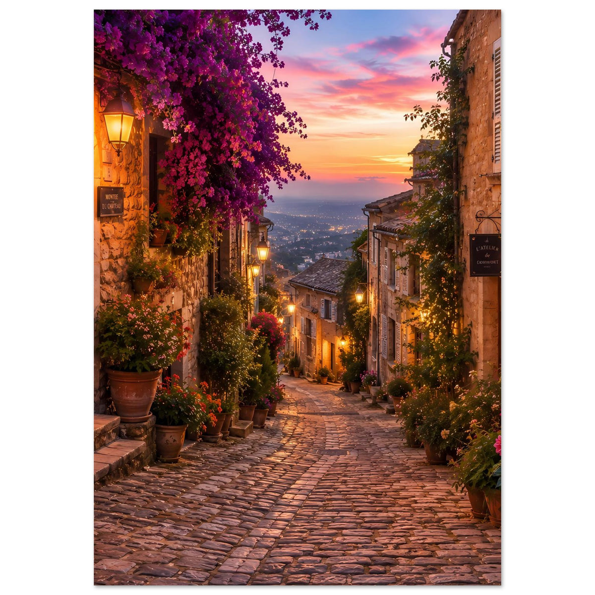 Poster mit romantischer Gasse bei Sonnenuntergang, Lichter an Fassaden und Blumen, hochformat.