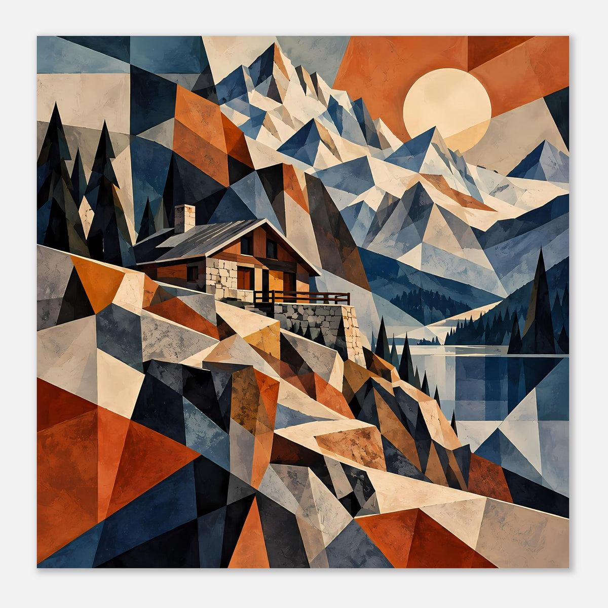 Querformatiges Poster: geometrische Berglandschaft mit Haus, Dreiecke in Blau und Erdtönen