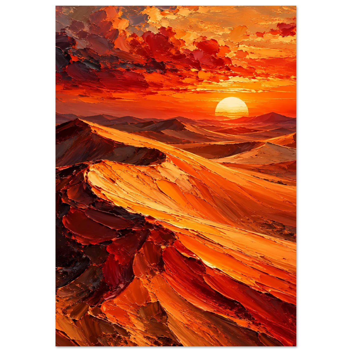 Poster im Hochformat mit Wüstenlandschaft, orangefarbene Sonne und rote Sanddünen