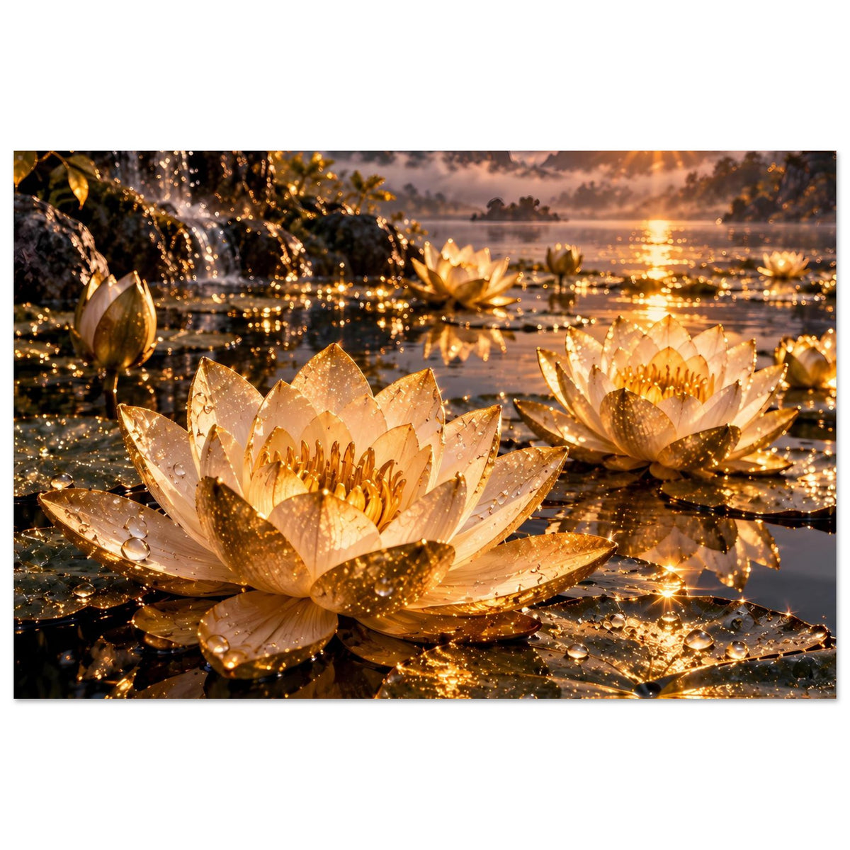 Lotus-Poster: goldene Blüten im Vordergrund, leuchtende Spiegelungen auf Wasser
