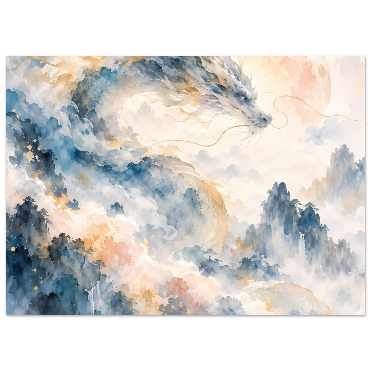 Aquarellposter mit Drachenflug über Bergsilhouetten und Wolken, blau und pfirsichfarben, querformat