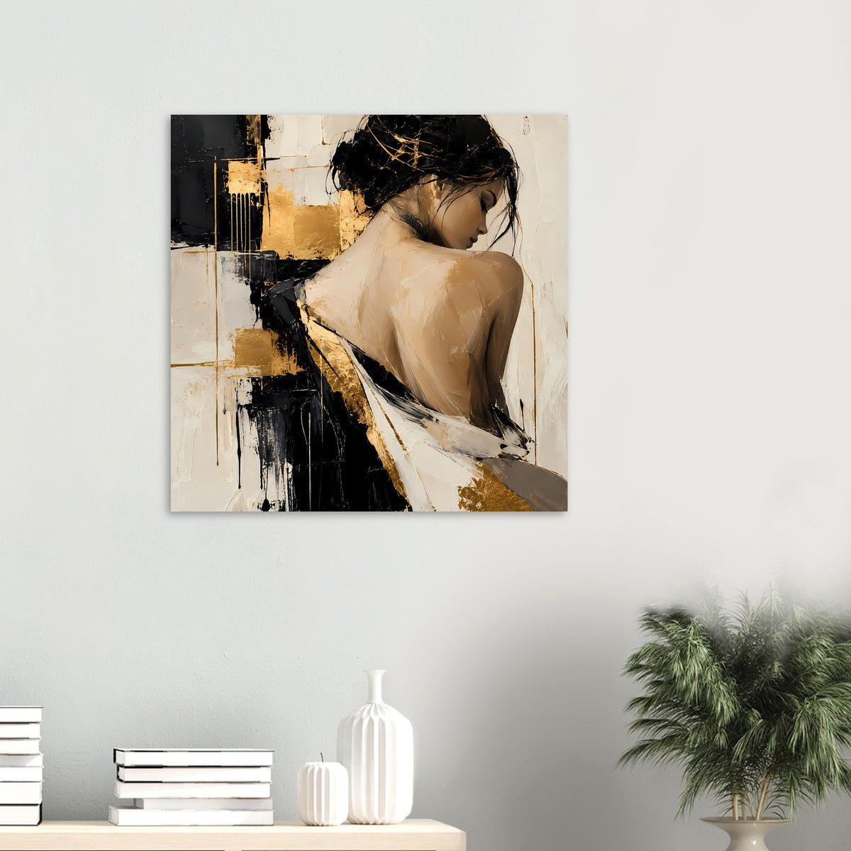 Abstraktes Damenportrait-Poster, kleines Format, Frau im Profil, Schwarz, Gold und Beige