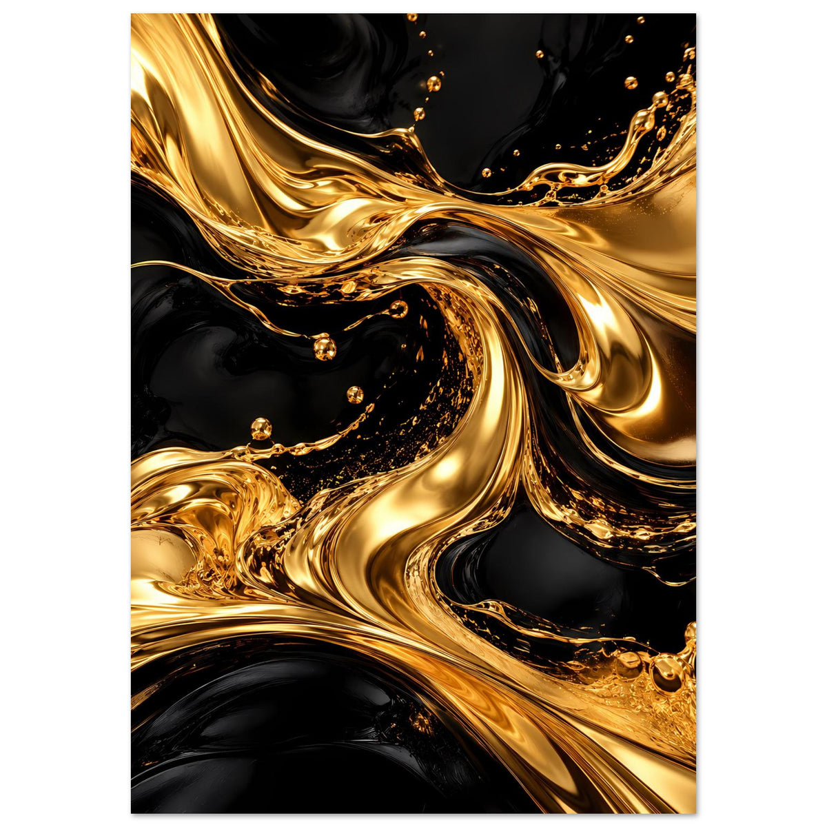 Vertikales Luxusposter: goldene Swirls auf dunklem, schwarzem Grund mit glitzernden Spritzern.