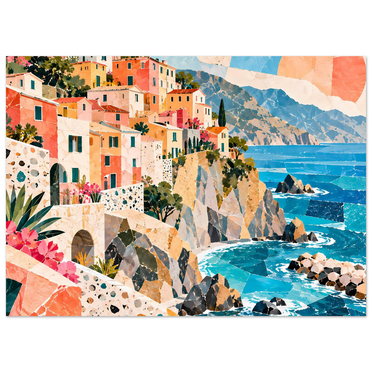 Horizontales Poster mit Küstendorf, türkisblauem Meer und rundem Sonnenmotiv