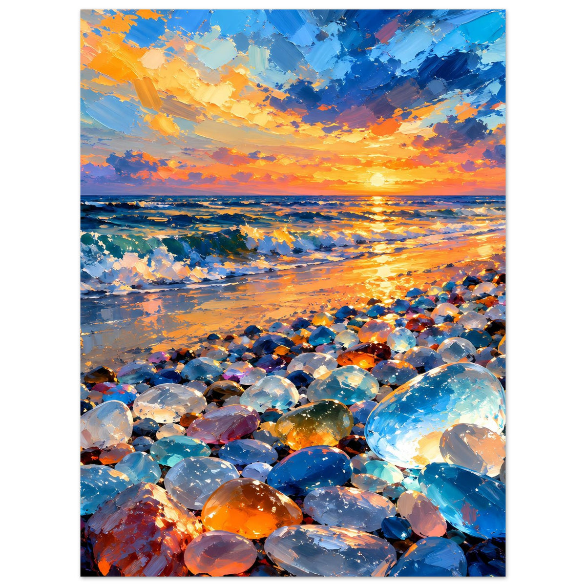 Vertikales Poster: leuchtender Sonnenuntergang am Meer mit farbigen Glassteinen