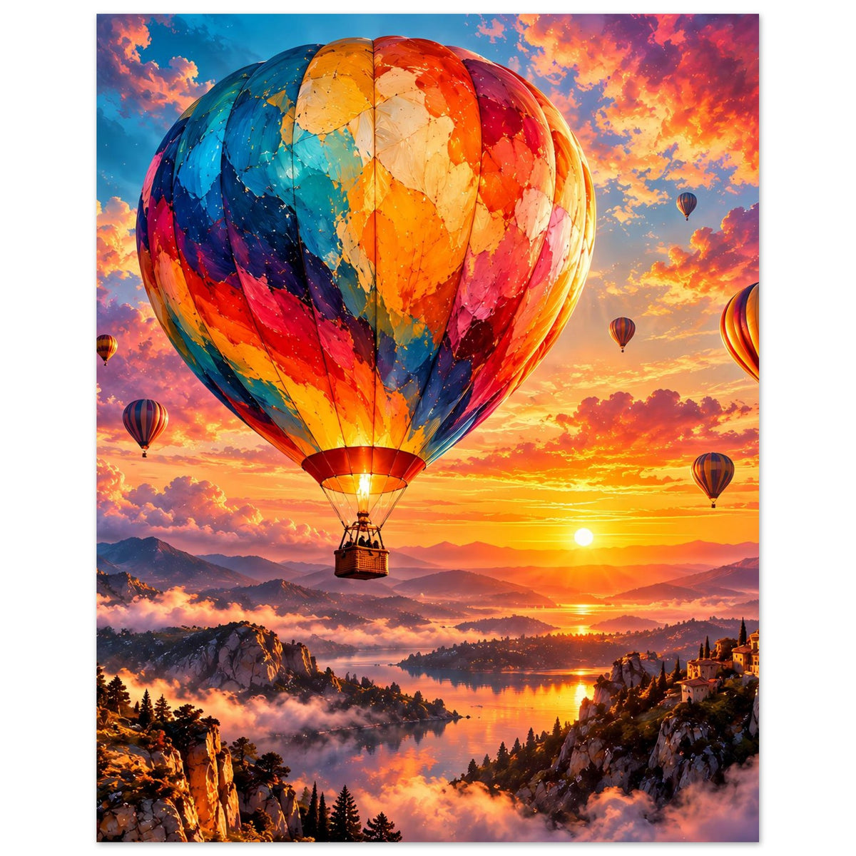 Wandposter mit großem Heißluftballon und mehreren kleinen Ballons vor farbigem Sonnenuntergang