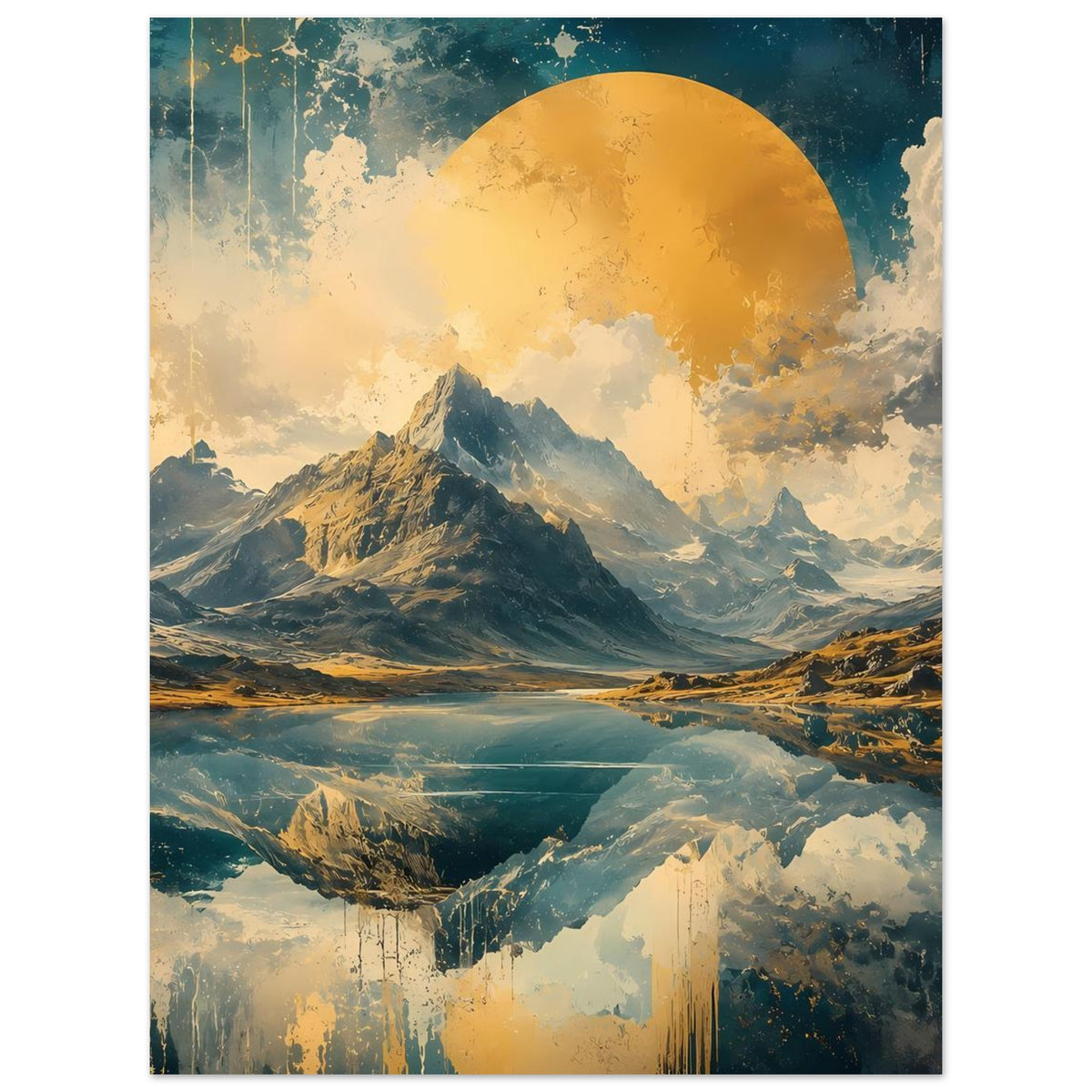 Wandposter mit Berglandschaft, blauer und goldener Farbgebung, goldener Halbsonne und Spiegelung im Tal