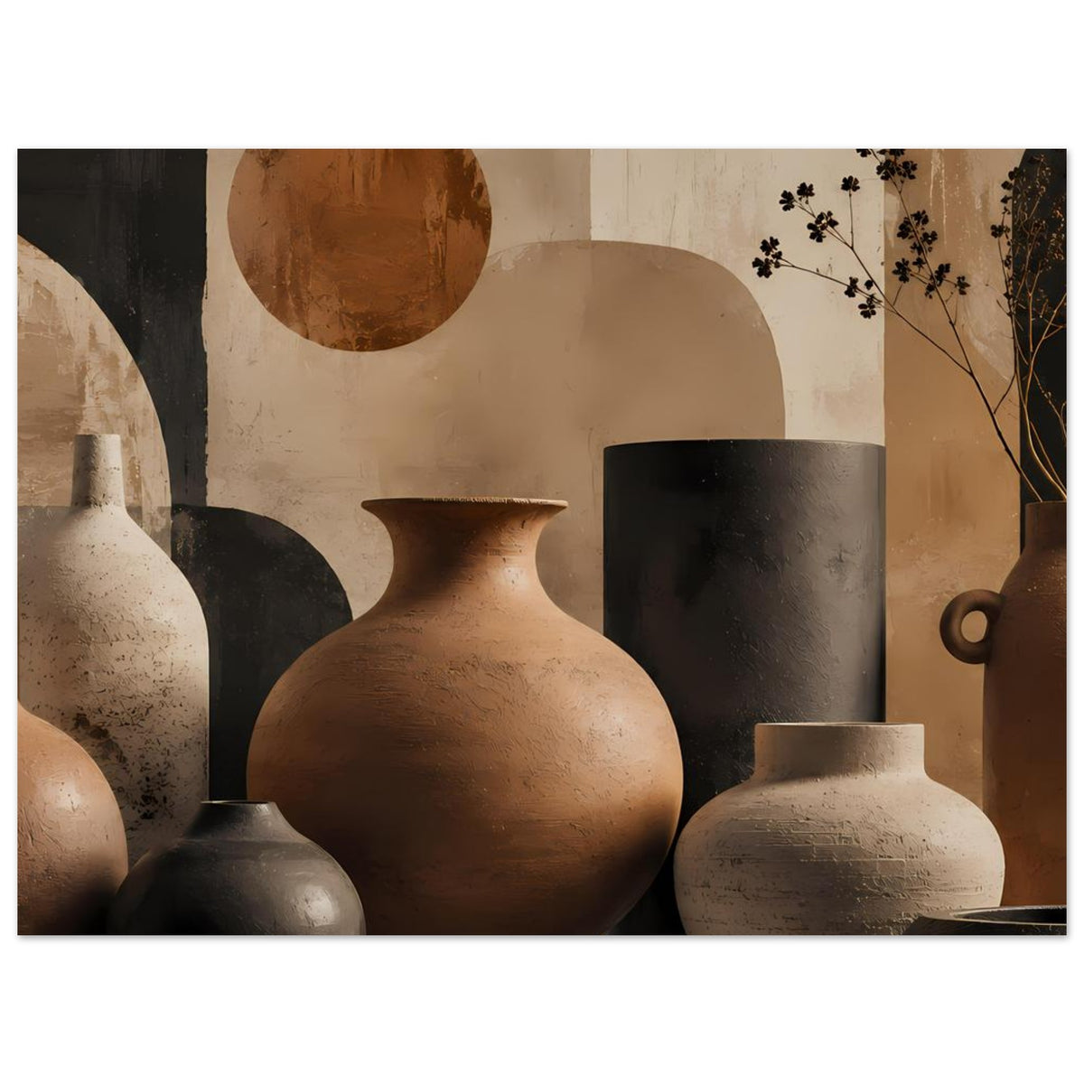Poster mit Keramikvasen-Arrangement: terrakottafarbene Vase, schwarze Dose und beiger Krug