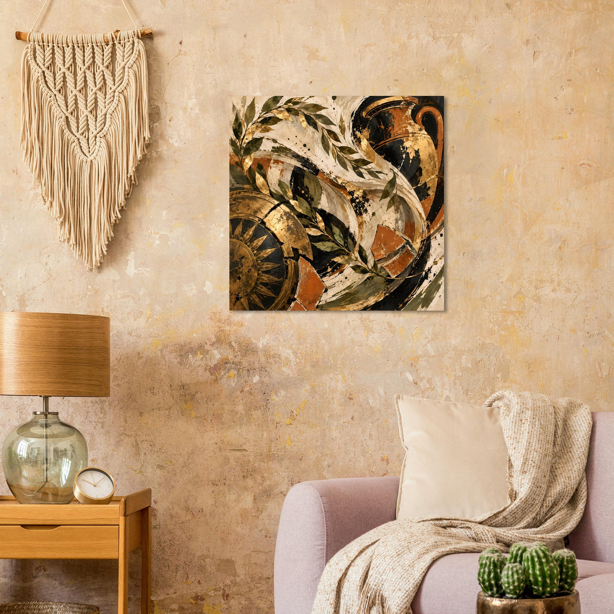 Quadratisches Poster im Vintage-Stil mit goldbraunem Blatt- und Kreisornament