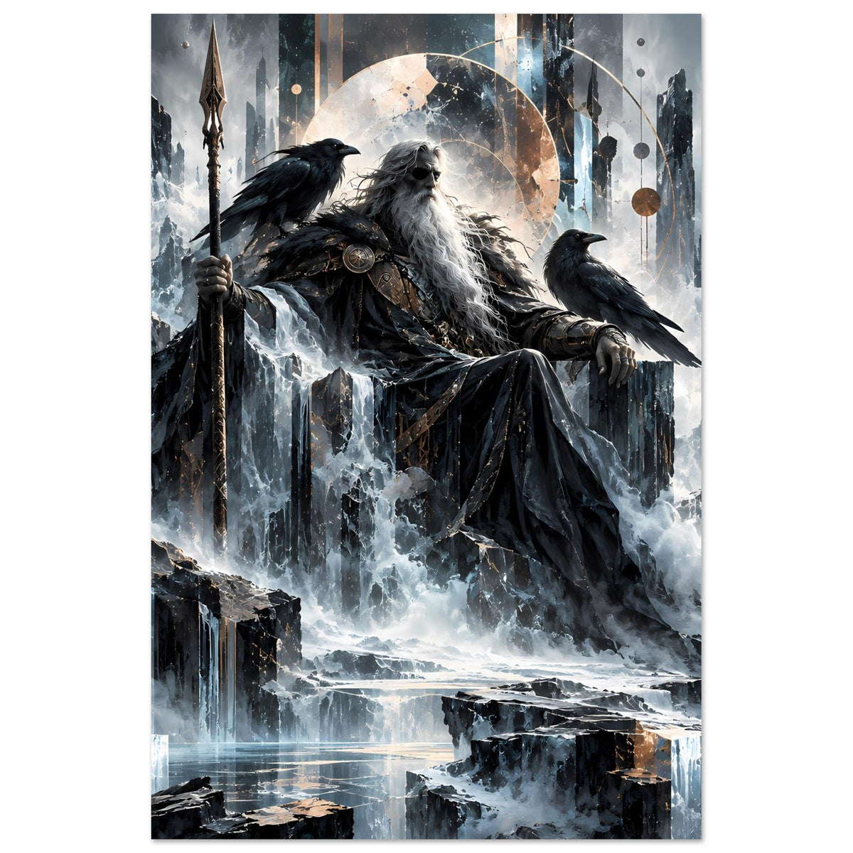 Mythologie-Poster mit nordischem Gott auf Thron, Rabe auf Armlehne, schleierartige Wasserfälle