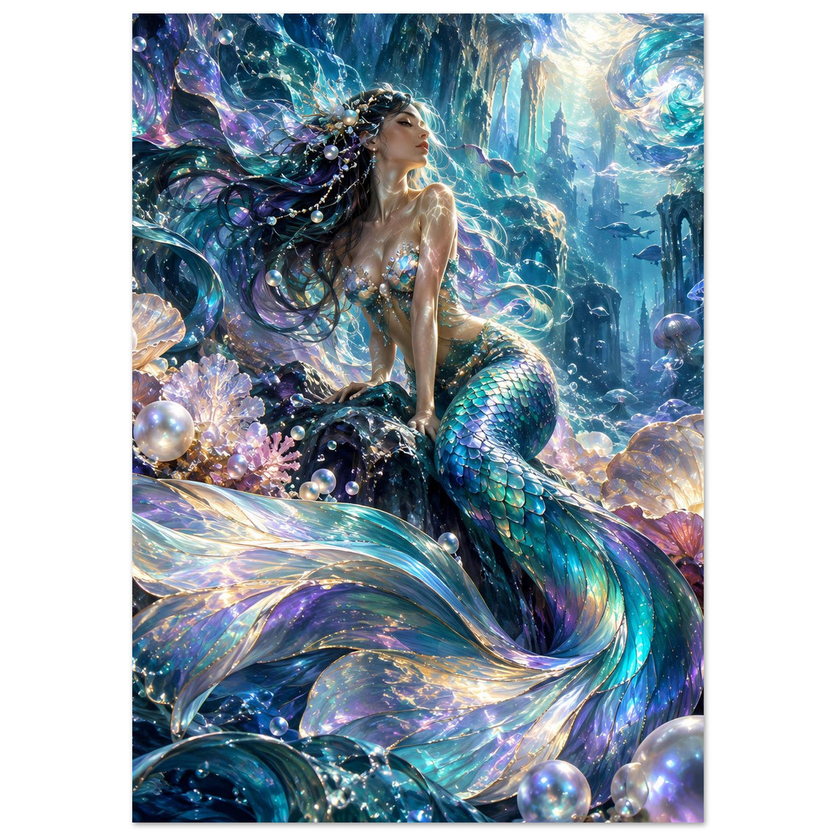Fantasy-Meerjungfrauenposter: Unterwasserszene mit Korallen, Perlenkugeln und schuppigem Schweif