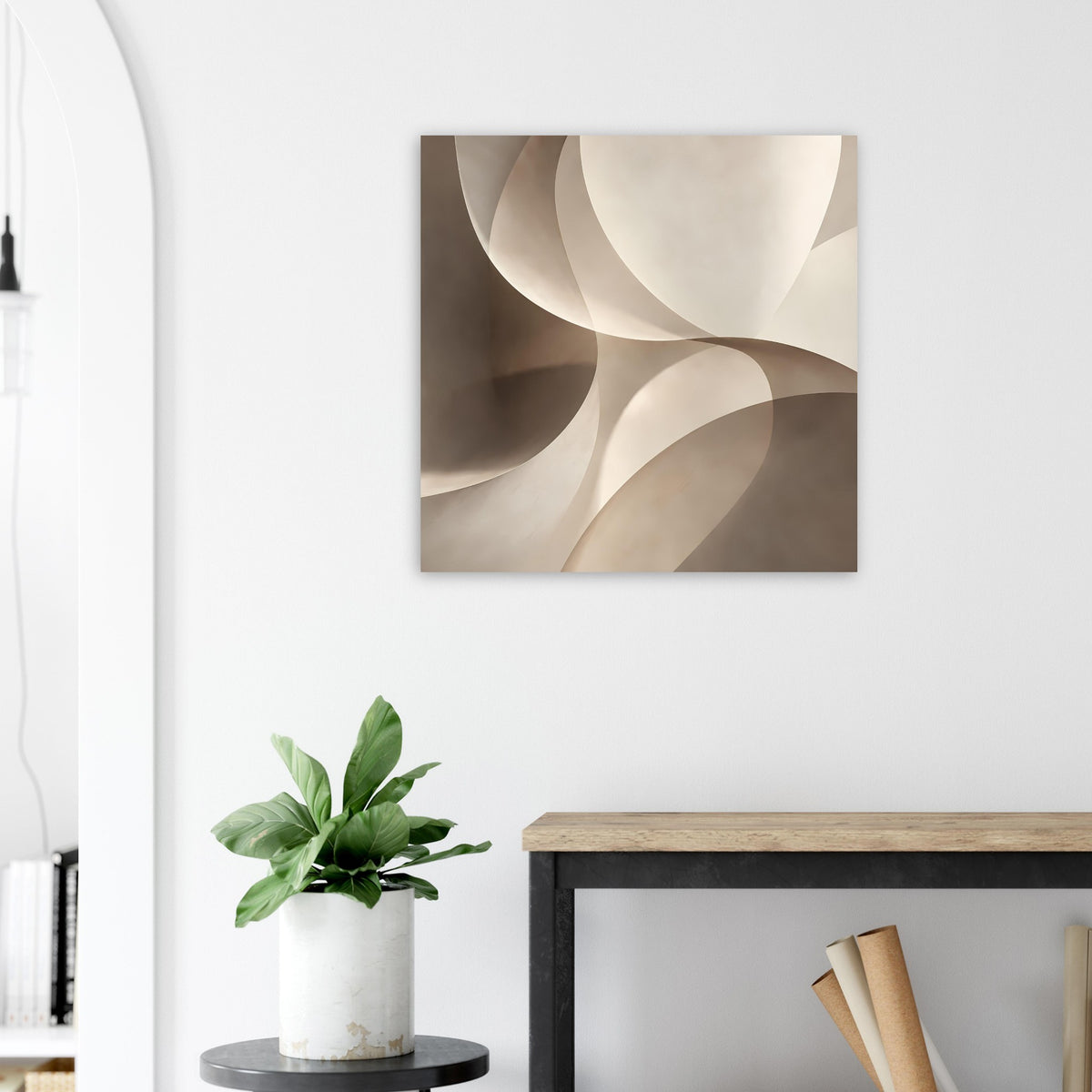 Quadratisches Kunstposter mit sanften Wellen und Halbkreisen in Beige-Creme, ruhiges Design