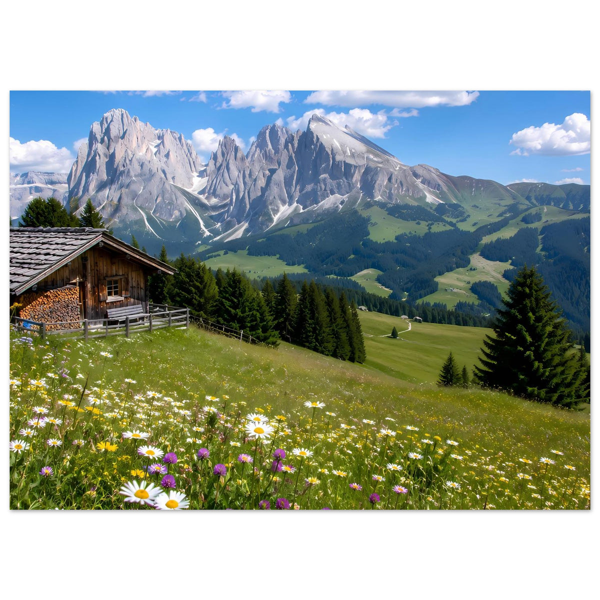 Querformat-Alpenpanorama-Poster mit Bergmassiv, Tälern und Blumenwiese im Vordergrund