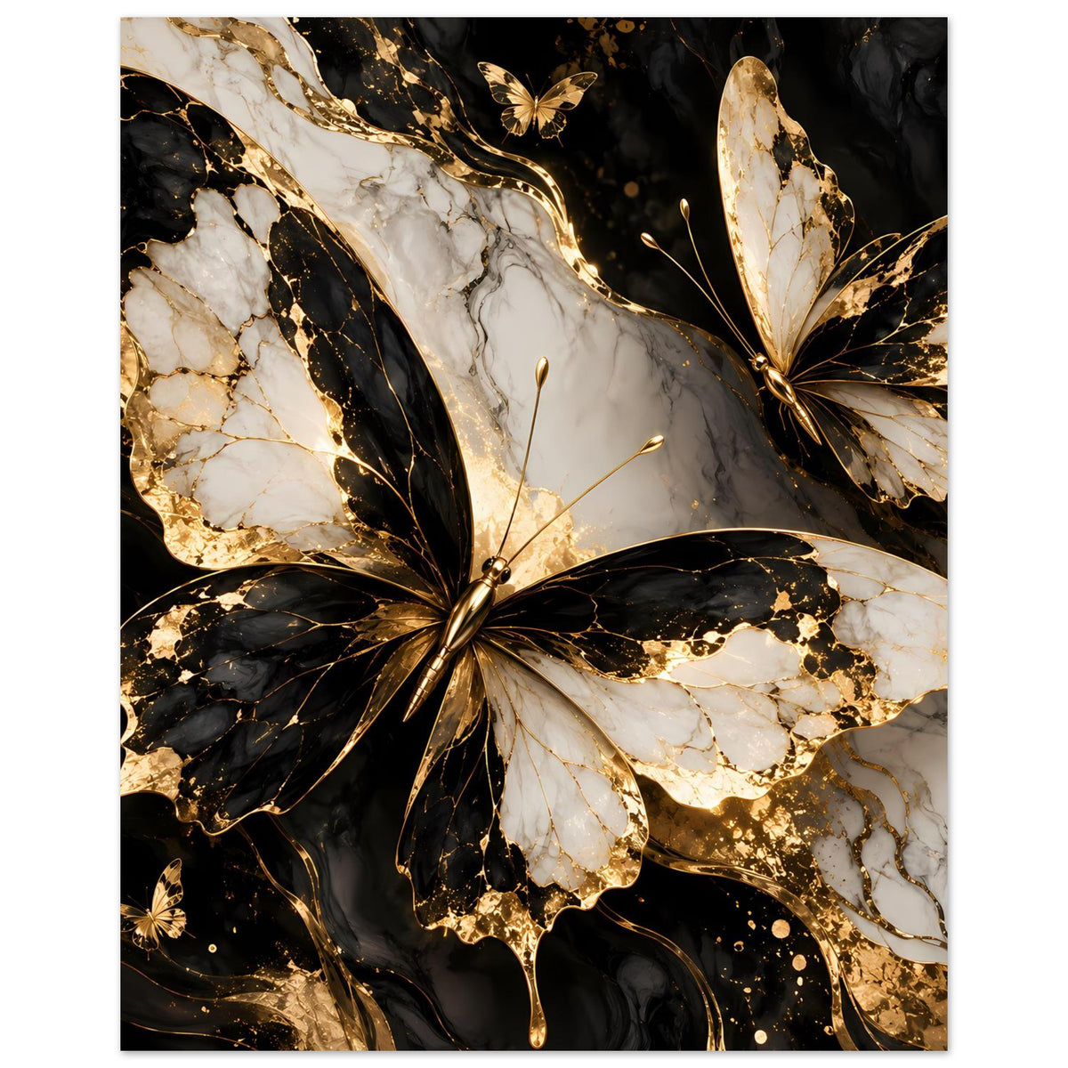 Naturposter mit Schmetterlingen in Schwarz und Gold, mehrere Tiere im Gesamtmotiv