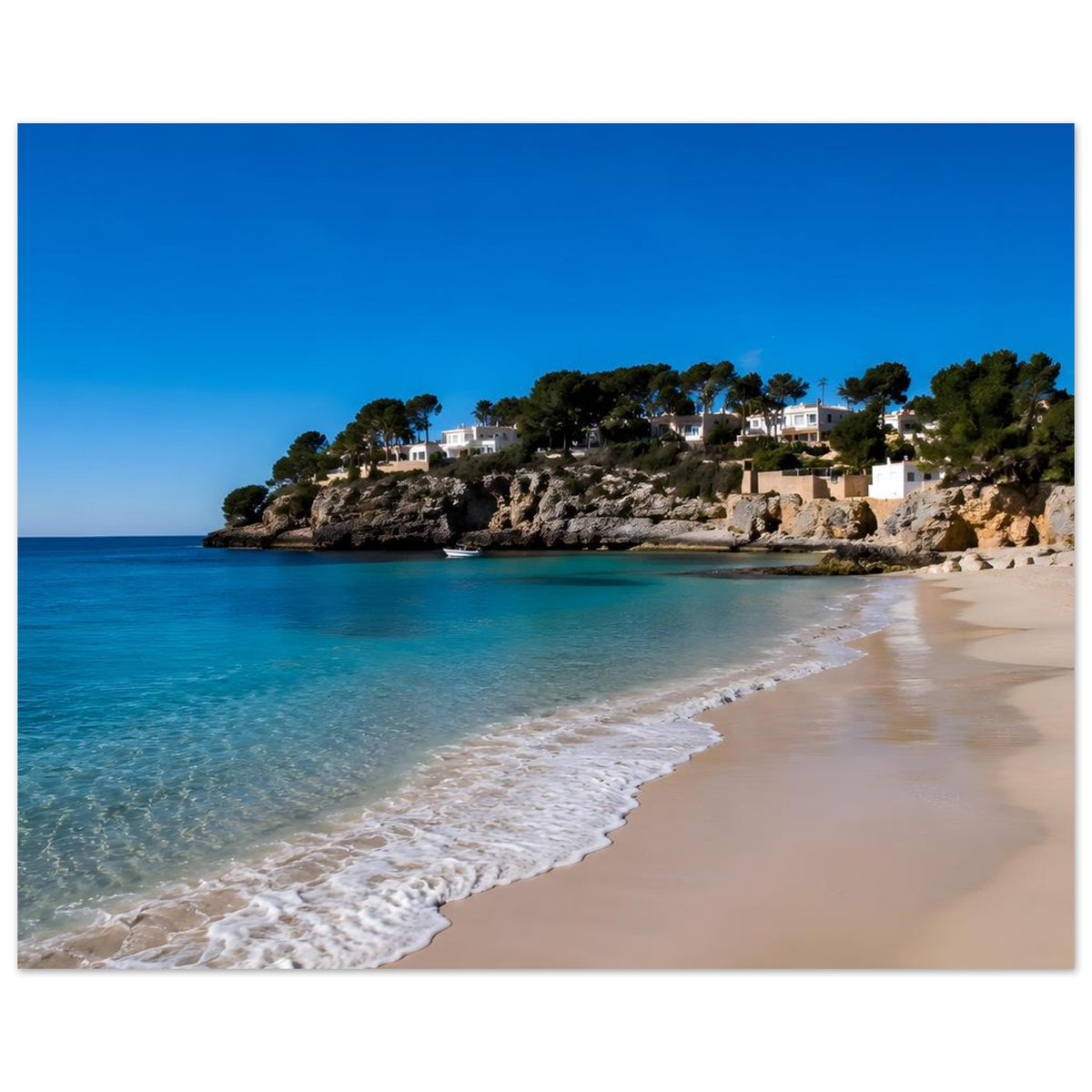 Poster mit Küstenlinie: türkises Meer, Sandstrand und mediterranes Ufer mit Gebäuden, Querformat