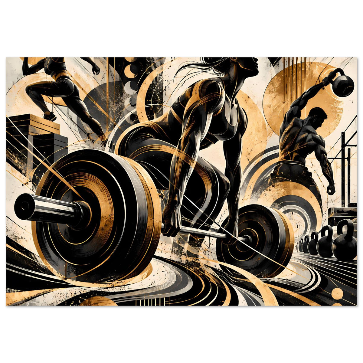 Fitness-Actionposter, horizontales Design mit Hantelsilhouetten in Gold, Schwarz und Beige