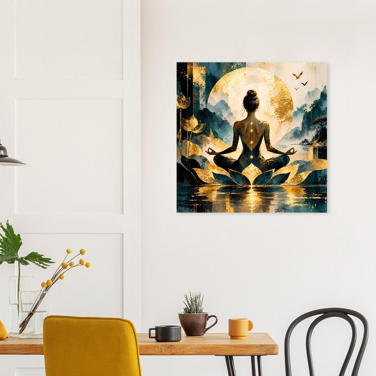 Meditationsposter mit goldenen Lotosblättern, stehender Sonne im Kreis und Meditationsfigur in Petrol