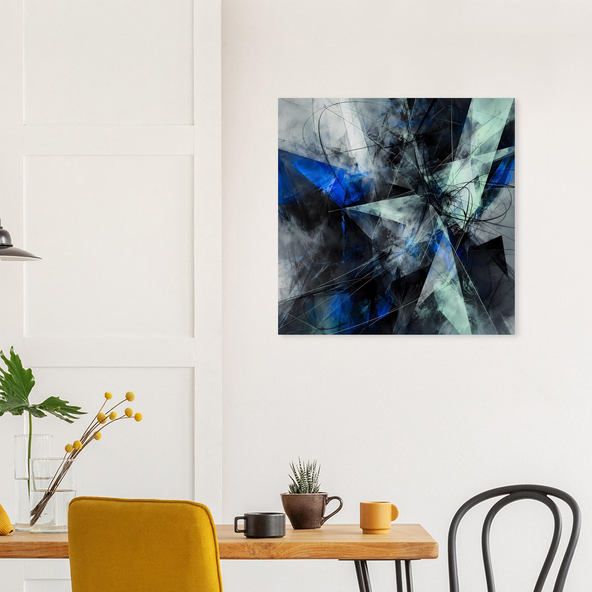 Abstraktes geometrisches Poster, kühle Farbtöne von Blau bis Türkis und Grau