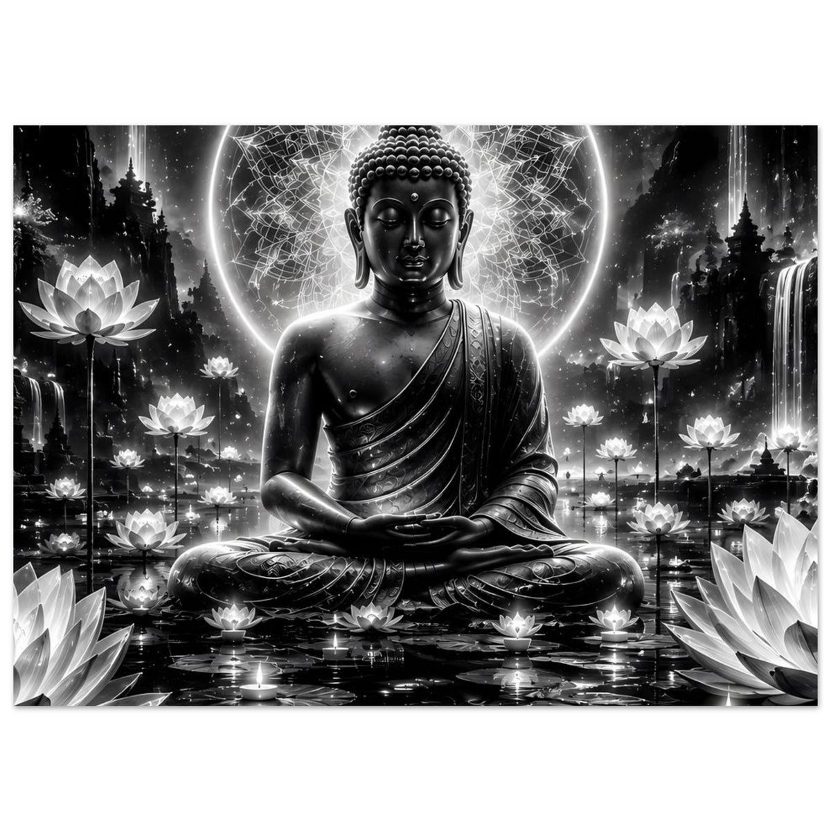 Buddha-Serenity-Poster, meditierende Statue im Kreis, umgeben von Lotosblumen und Mandala