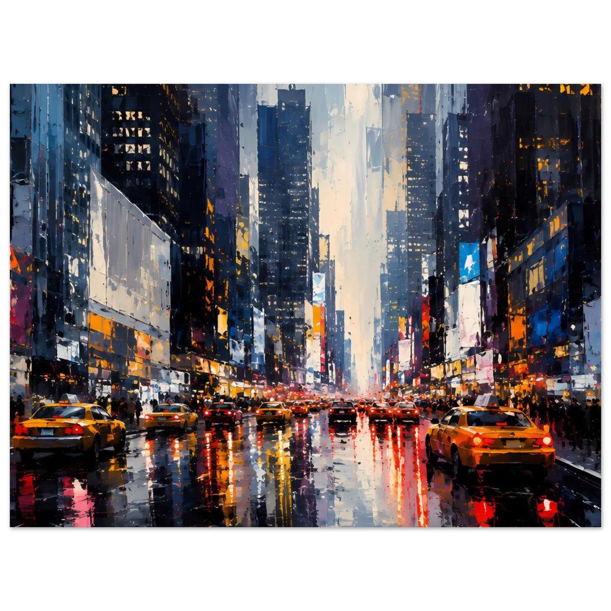Poster mit städtischer Straße bei Regen, viele Lichter, Autos und farbige Reflexionen im Wasser