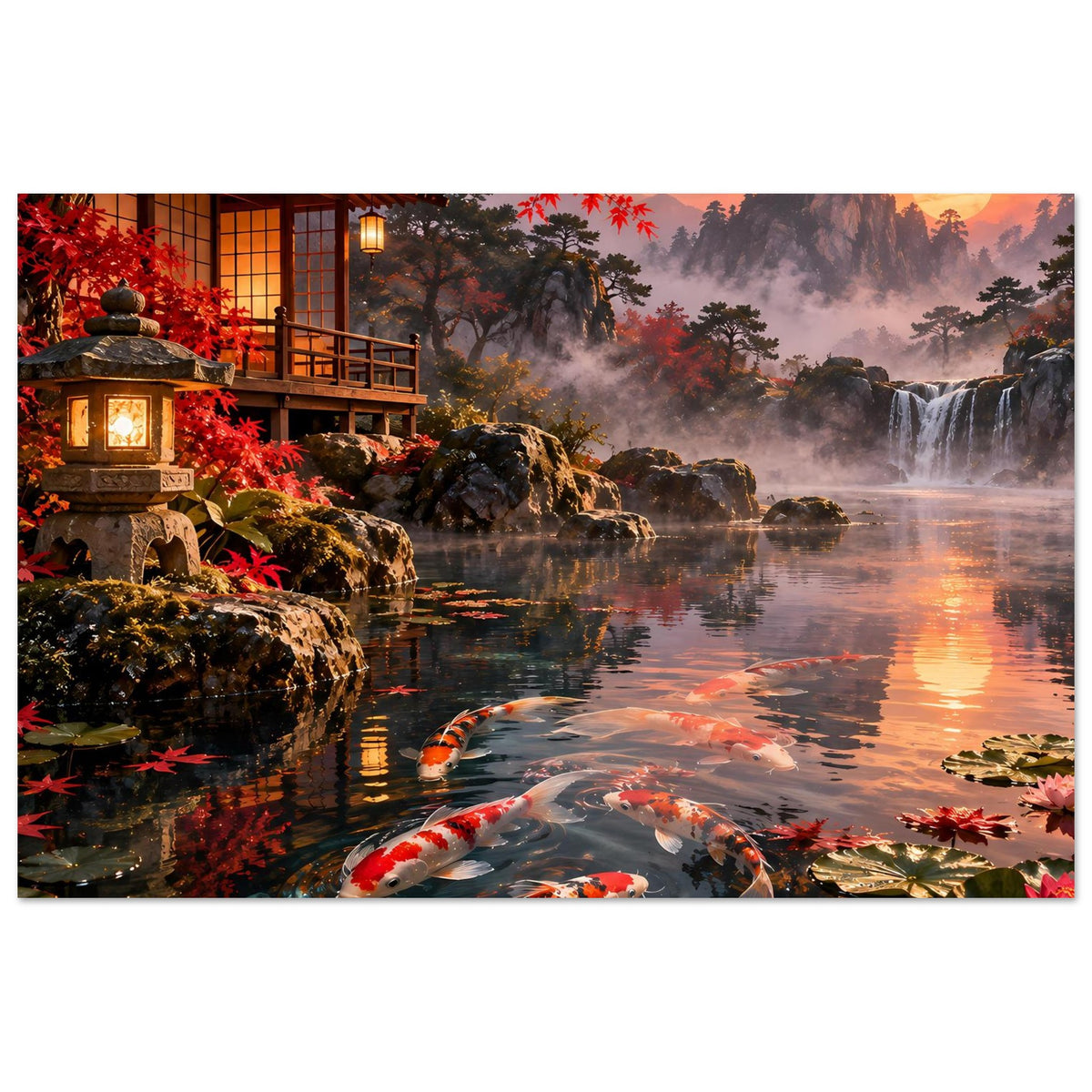 Horizontales Poster mit Koi-Fischen im Teich, Wasserfalldampf und warmen Sonnenfarben