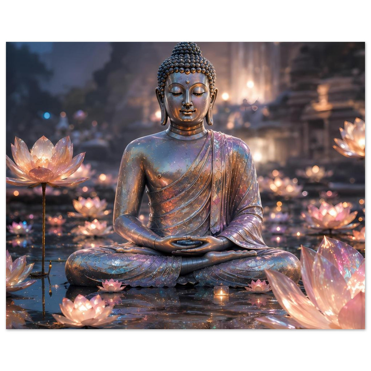 Wandposter im Querformat: Buddha in Meditationspose, leuchtende Lotusblüten, goldene Details