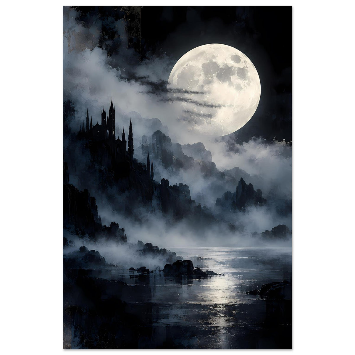Fantasy-Landschaftsposter (Hochformat) mit Mond, Nebel über dunkler Burg und ruhigem Wasser