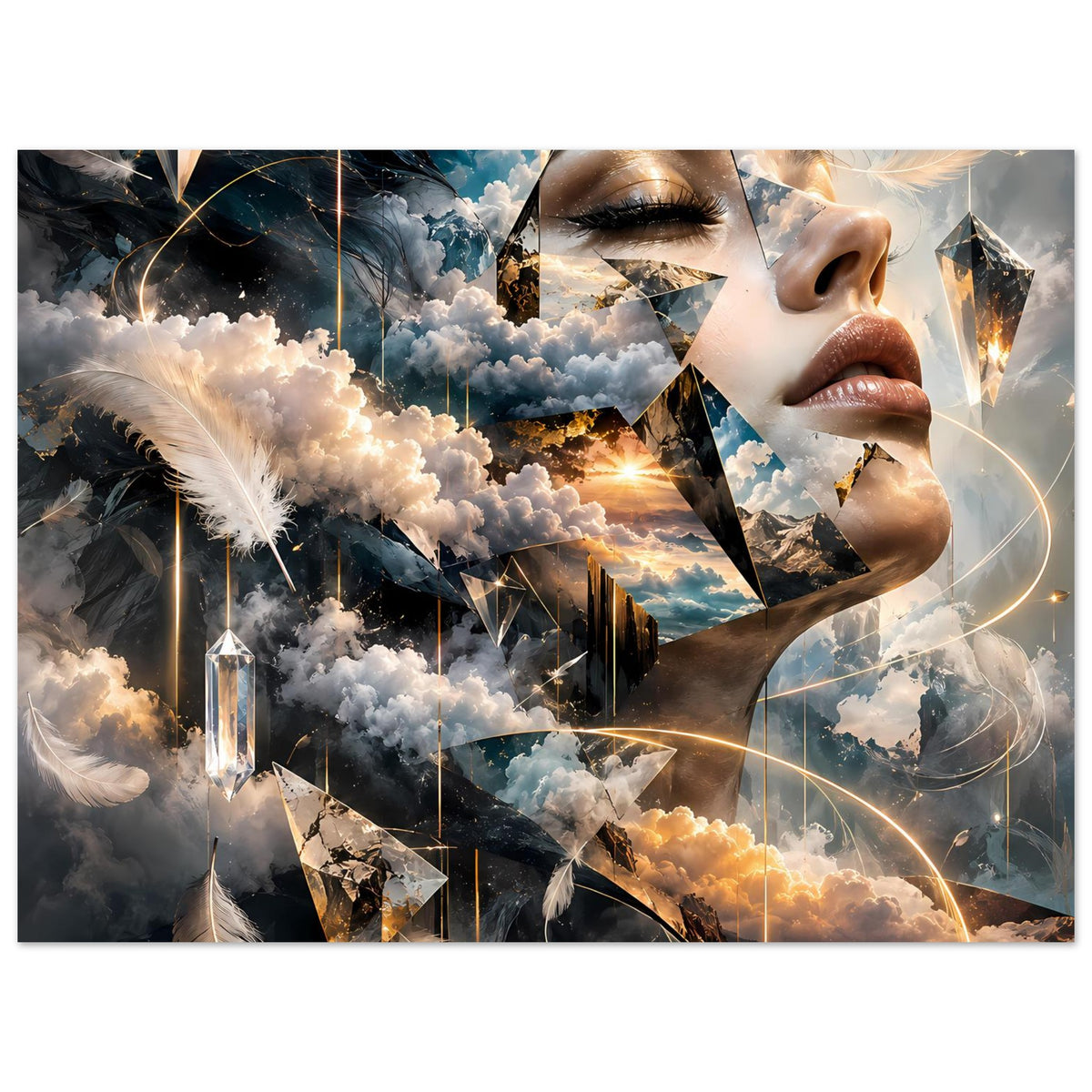 Surrealistisches Poster (Querformat) mit Frauenprofil, Wolken, Drahtlinien und schwebenden Kristallen