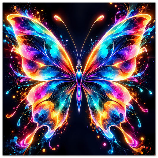 Neonfarbenes Schmetterlingsposter mit symmetrischem Fächerflügel-Design und kräftigen Farbverläufen