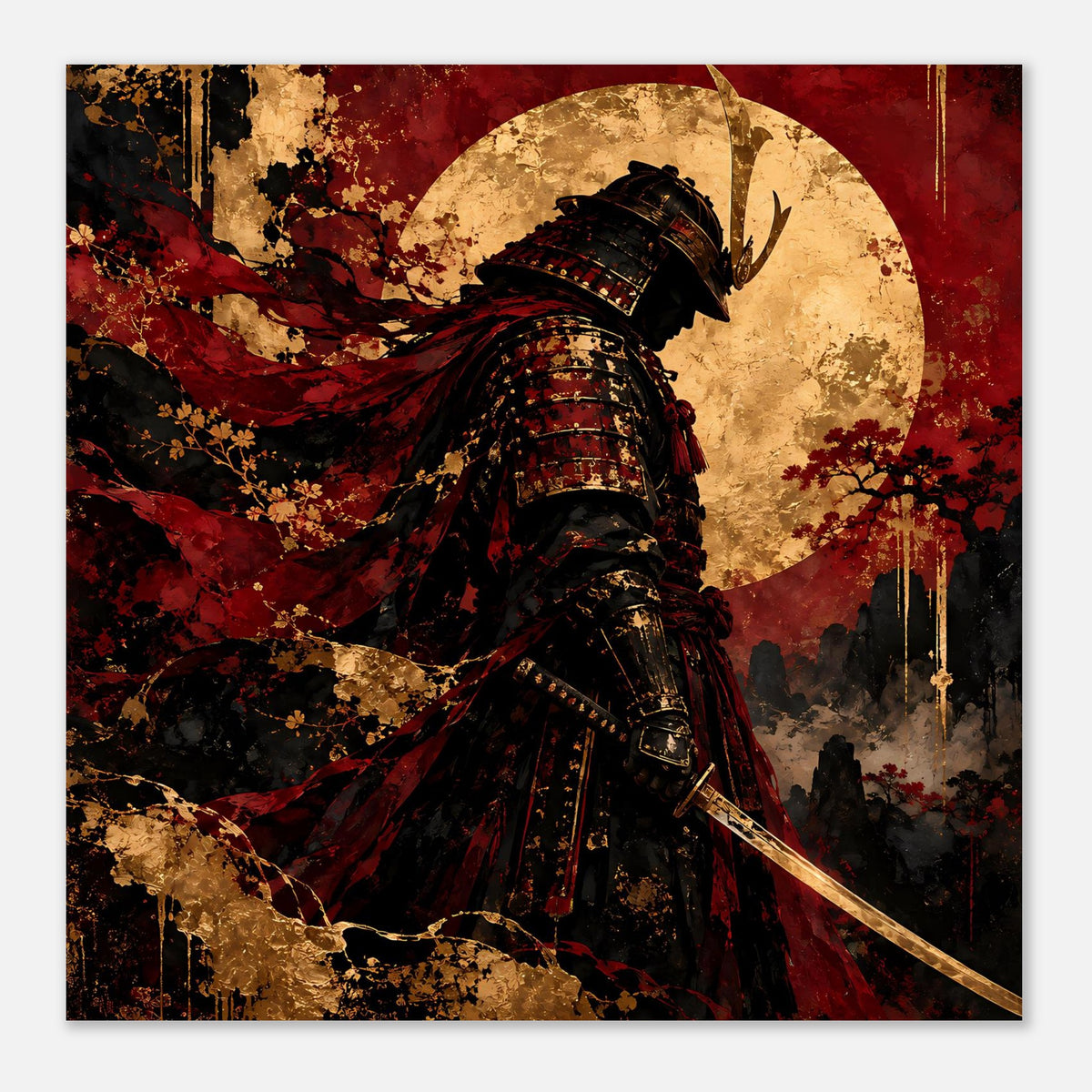 Japan-Poster im Querformat: Samurai-Krieger mit schwarzer Rüstung, roter Umhang, goldenes Mondmotiv