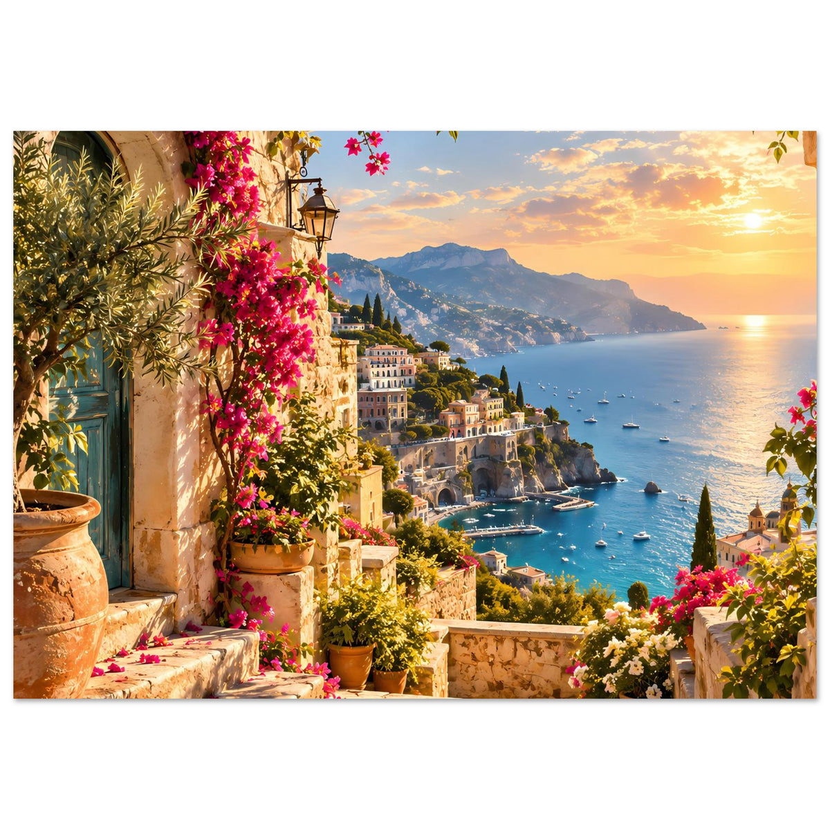 Poster mit Landschaftsblick auf die Küste: goldener Himmel, Bucht, Steinmauer und Blumen