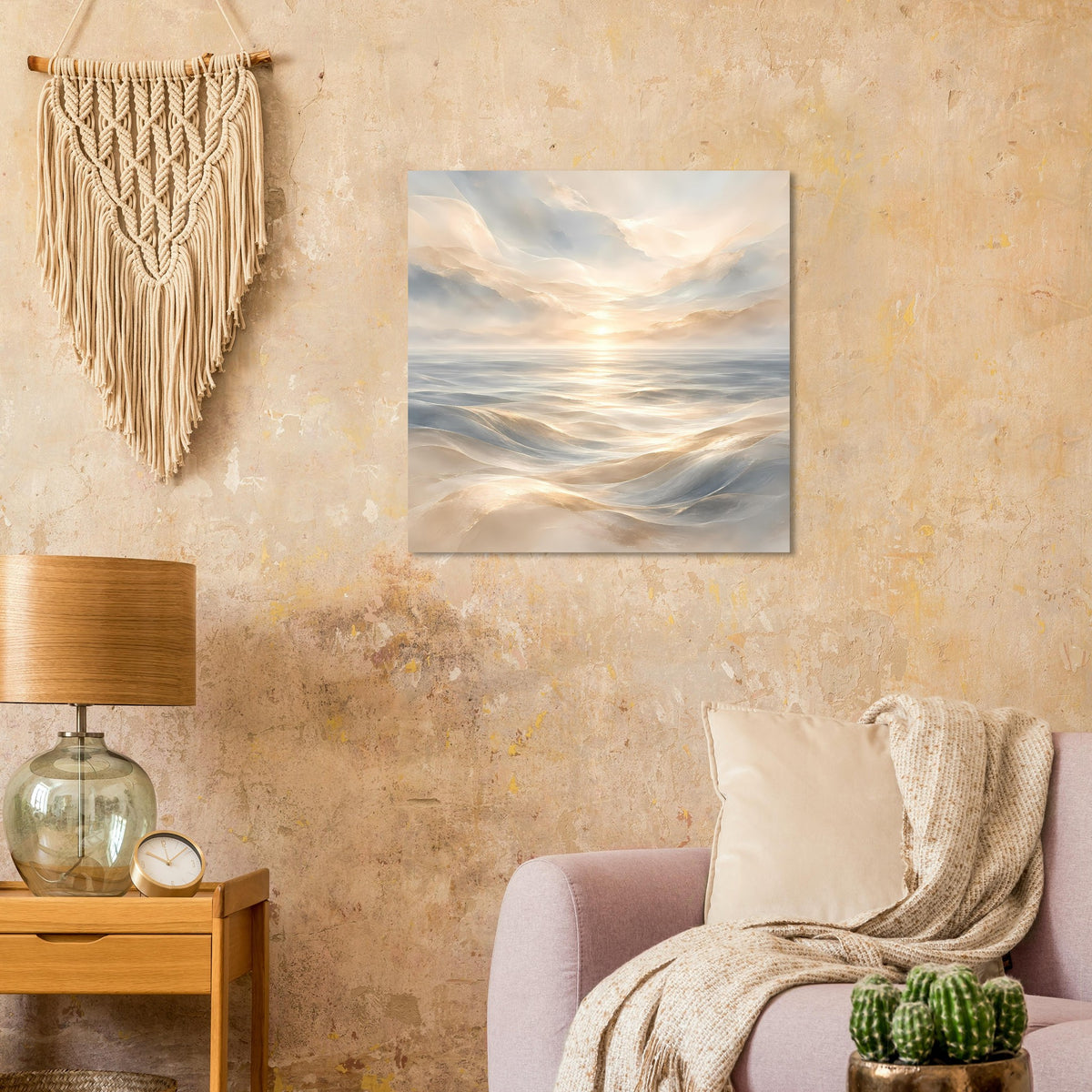 Quadratisches Poster: sanfte Wellenlandschaft mit aufgehender Sonne in Beige und Blau