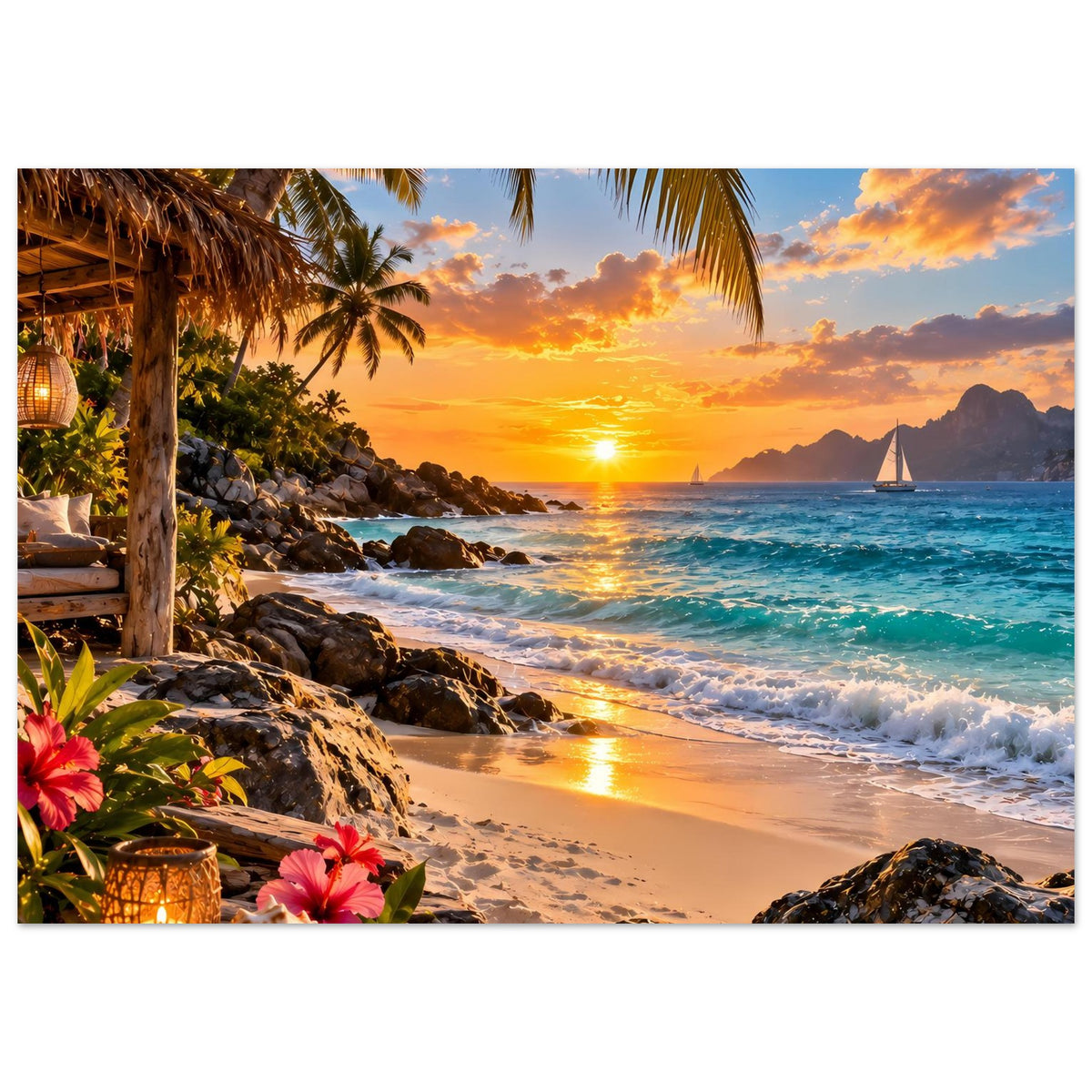 Horizontales Poster mit Strand bei Sonnenuntergang, Palmen, Rankenblumen und sanften Wellen
