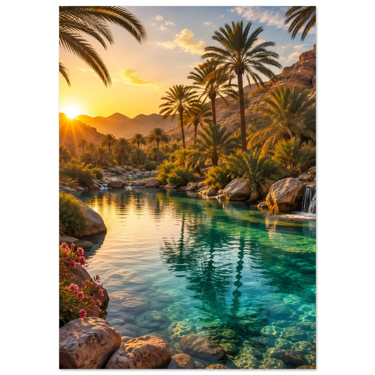 Hochformat-Poster mit tropischer Flusslandschaft: Palmen, klarer Fluss und Wasserfall, warme Abendsonne