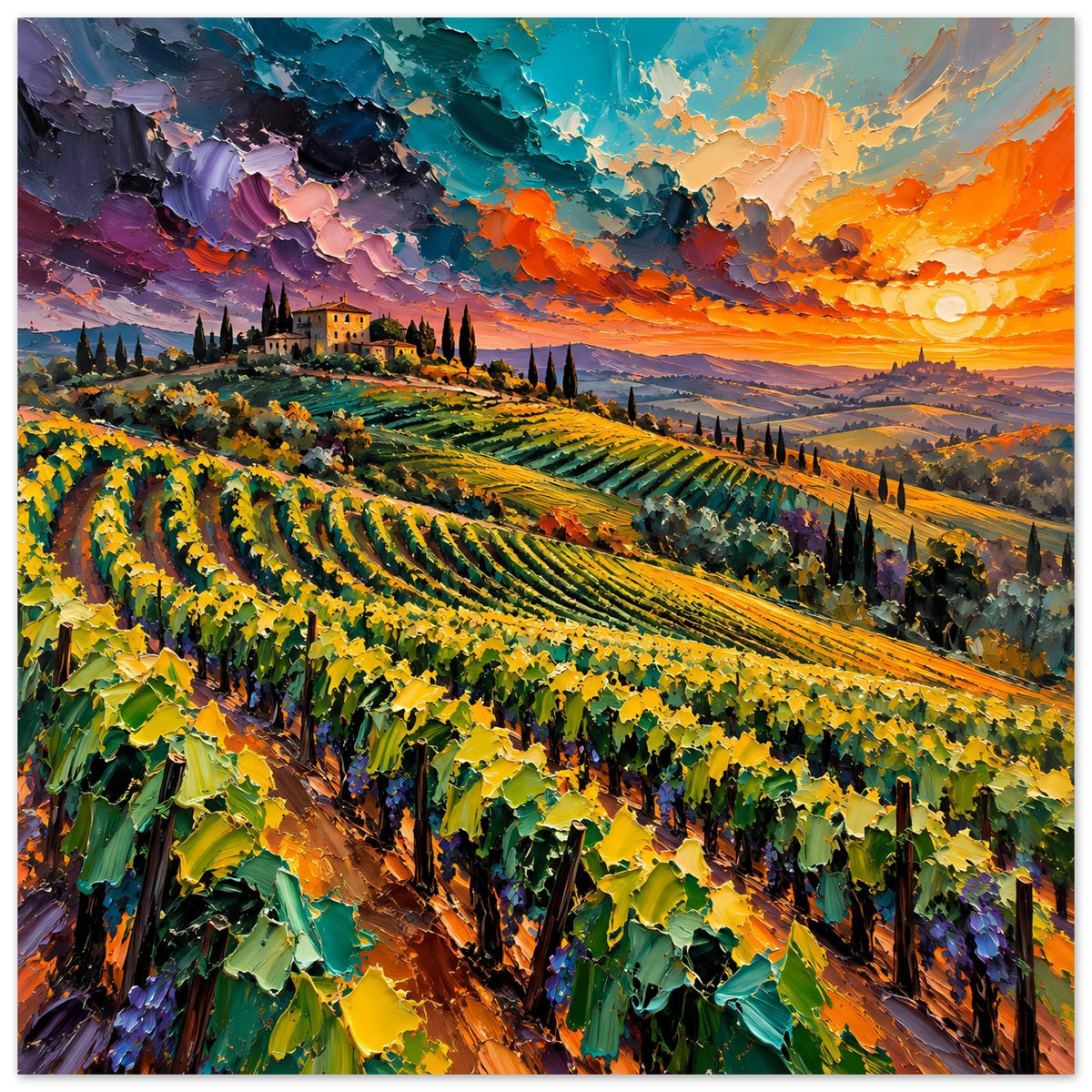 Landschaftsposter mit Weinrebenvordergrund und Hügeln, orangefarbener Sonnenuntergang