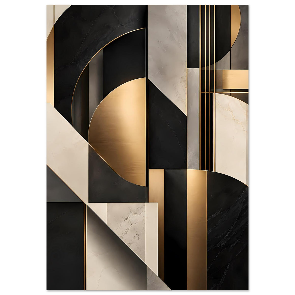 Geometrisches Poster hochkant mit goldfarbenen Streifen, weißem Marble und dunklen Flächen