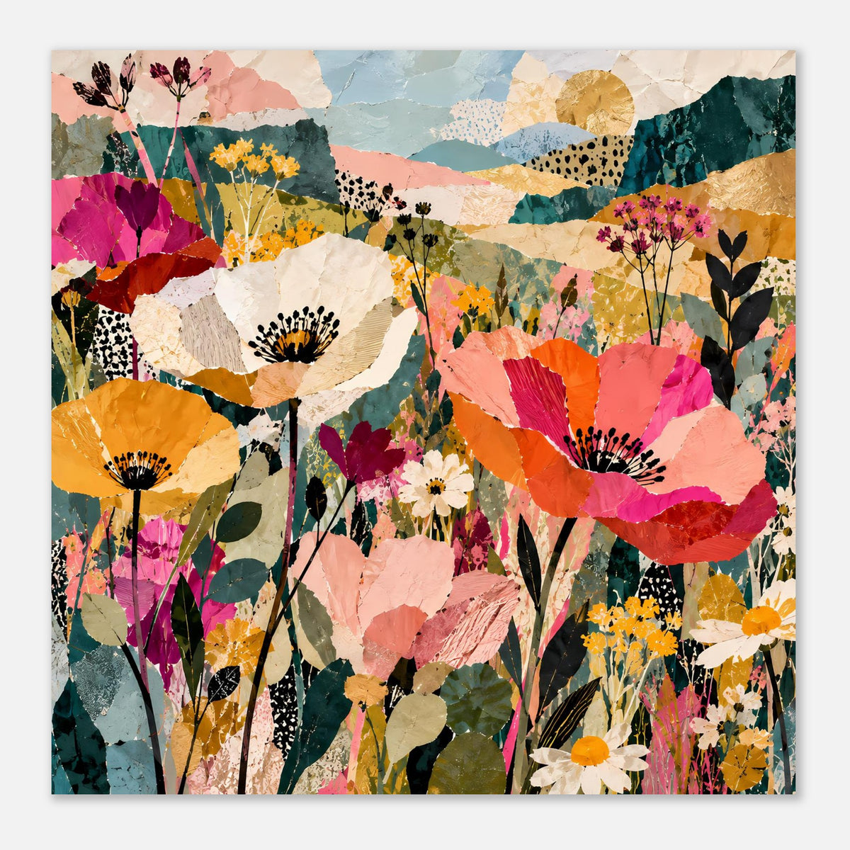 Blumen-Kollage-Poster im quadratischen Format mit farbenfrohen Blüten und Collage-Optik