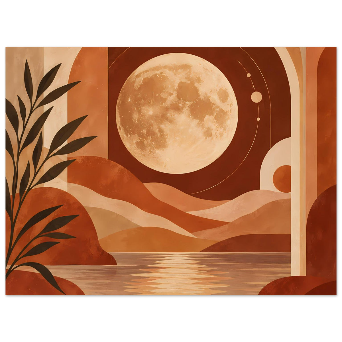 Boho-Poster mit Vollmond, runden Ornamenten, Palmen und Dünen über einer Wasserfläche