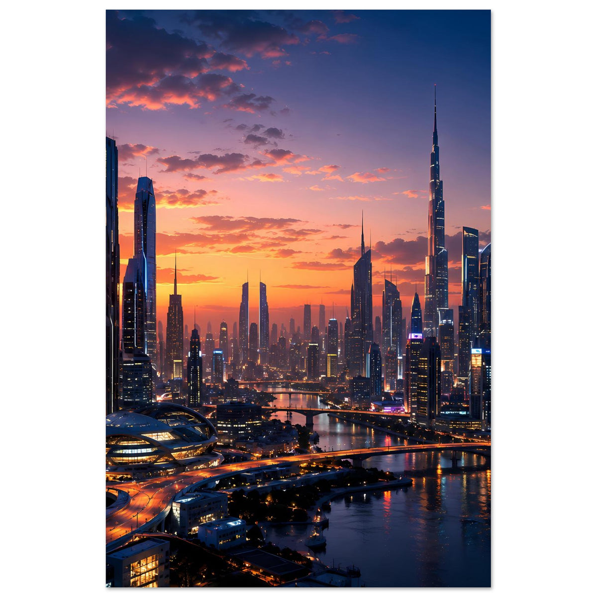 Poster im Hochformat mit Skyline bei Sonnenuntergang, beleuchteter Uferbereich und Wolkenkratzern.