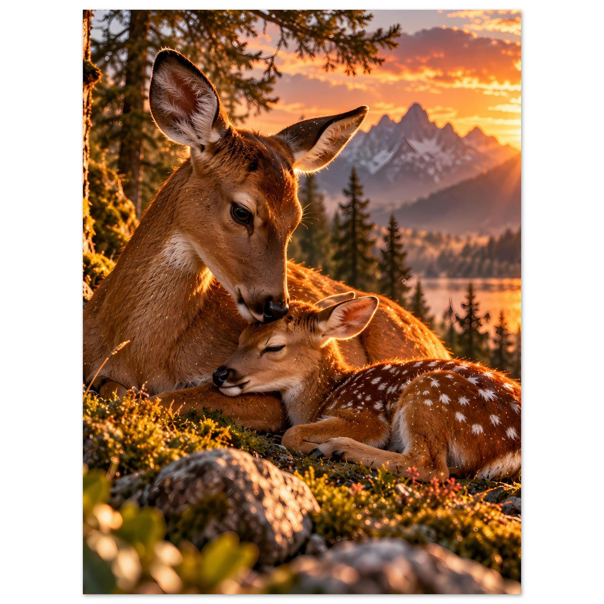 Hirsch-Motiv Poster: Reh und Kitz am Waldrand bei Sonnenuntergang, vertikal