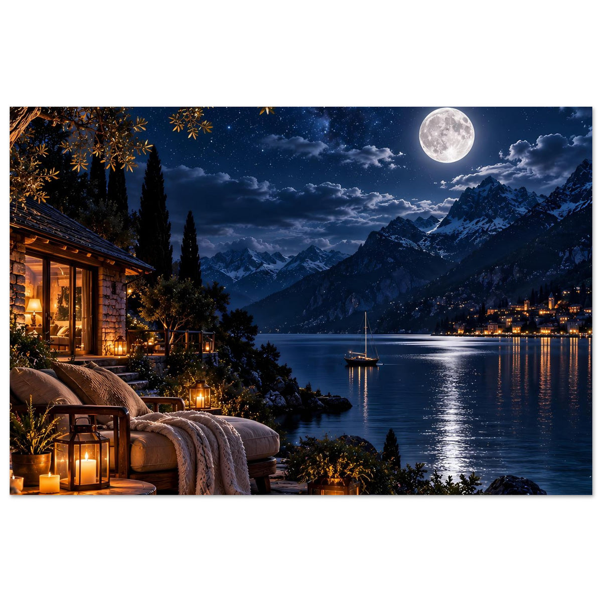 Horizontales Poster mit Mondnacht, Berglandschaft, beleuchteter Hütte und Boot im See