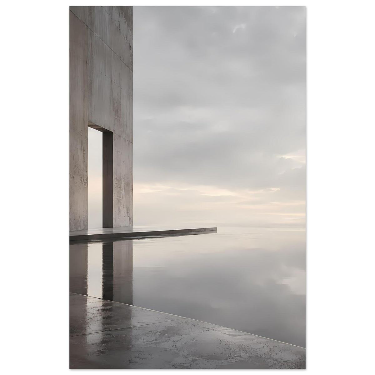 Architekturposter im Hochformat mit Betonfassade, schmaler Durchgangsöffnung und Spiegelung im Wasser