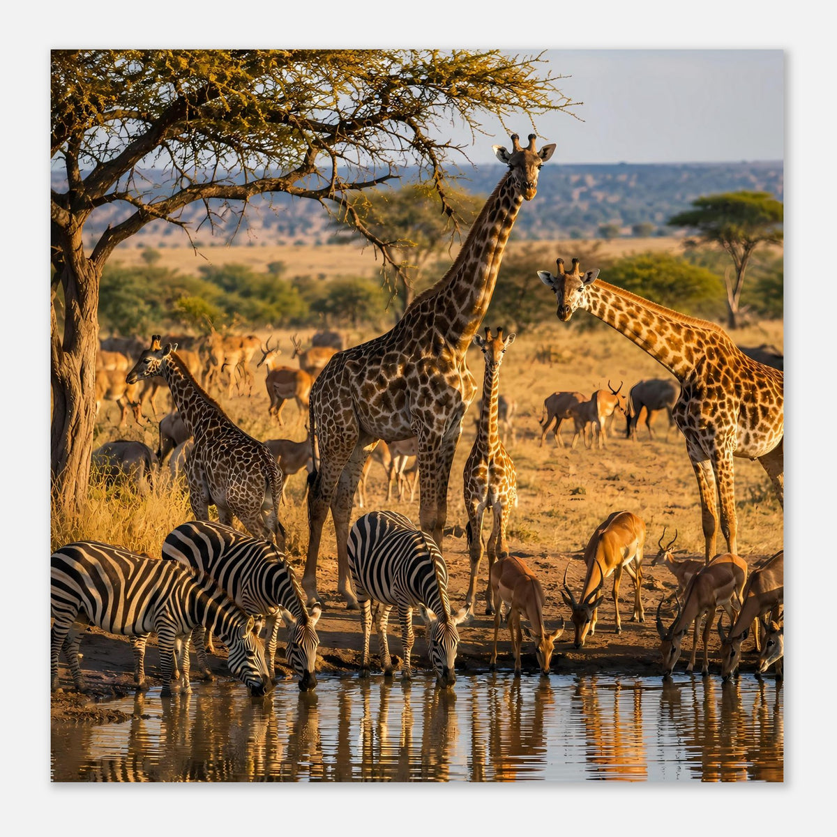 Quadratisches Poster mit Safari-Wildlife-Szene: Giraffen, Zebras und Antilopen am Wasser