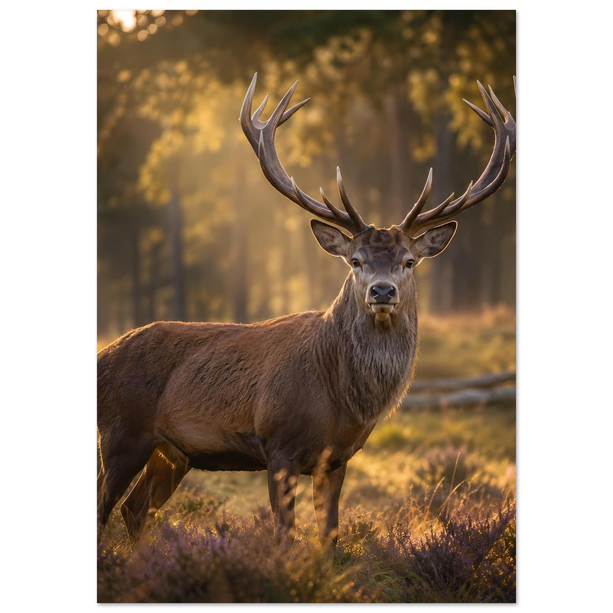 Hirsch-Poster im Hochformat: braunes Geweih-Tier mit Blick nach vorn