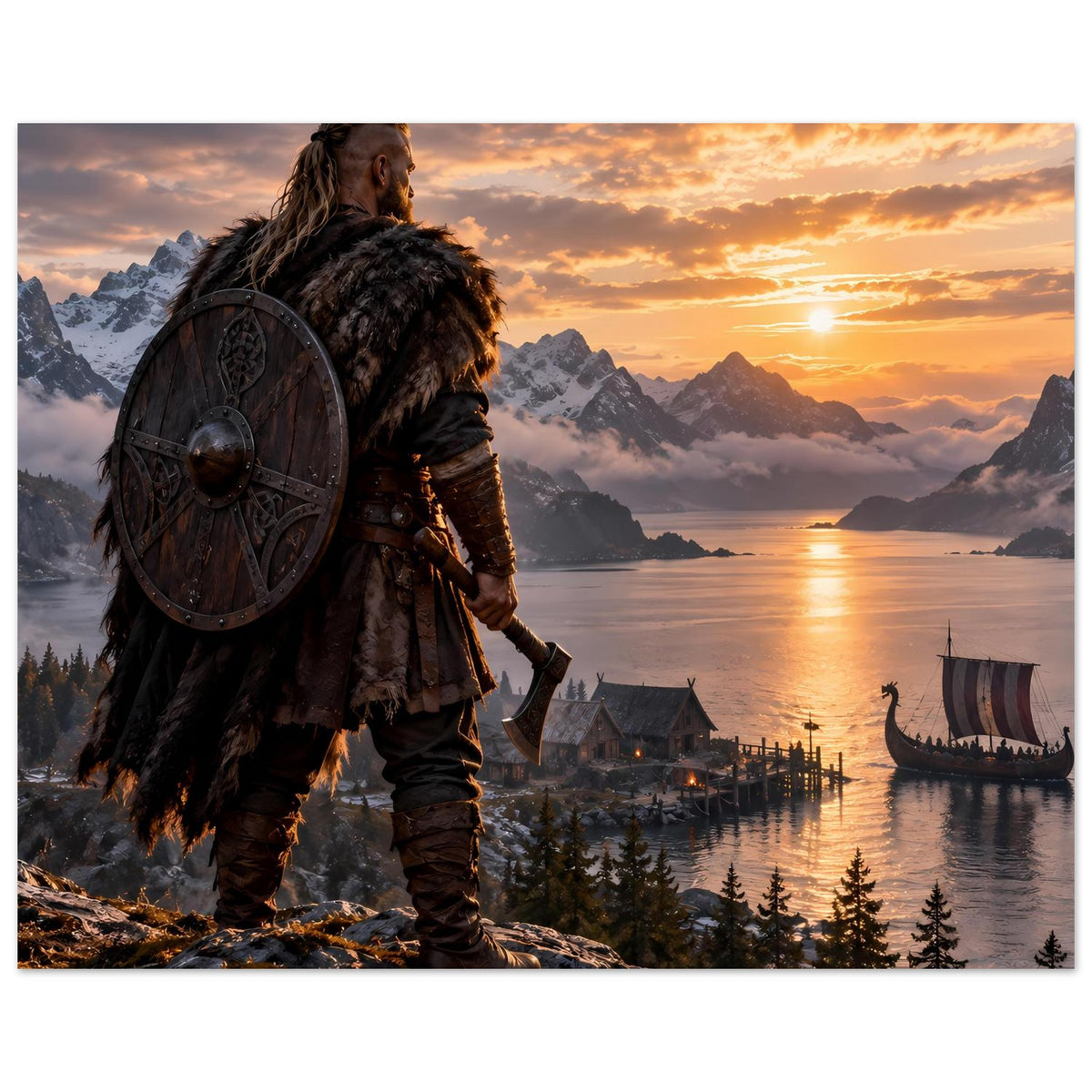 Wikinger-Poster im Querformat: Krieger mit Rundschild und Fellumhang, Fjord mit Langschiff