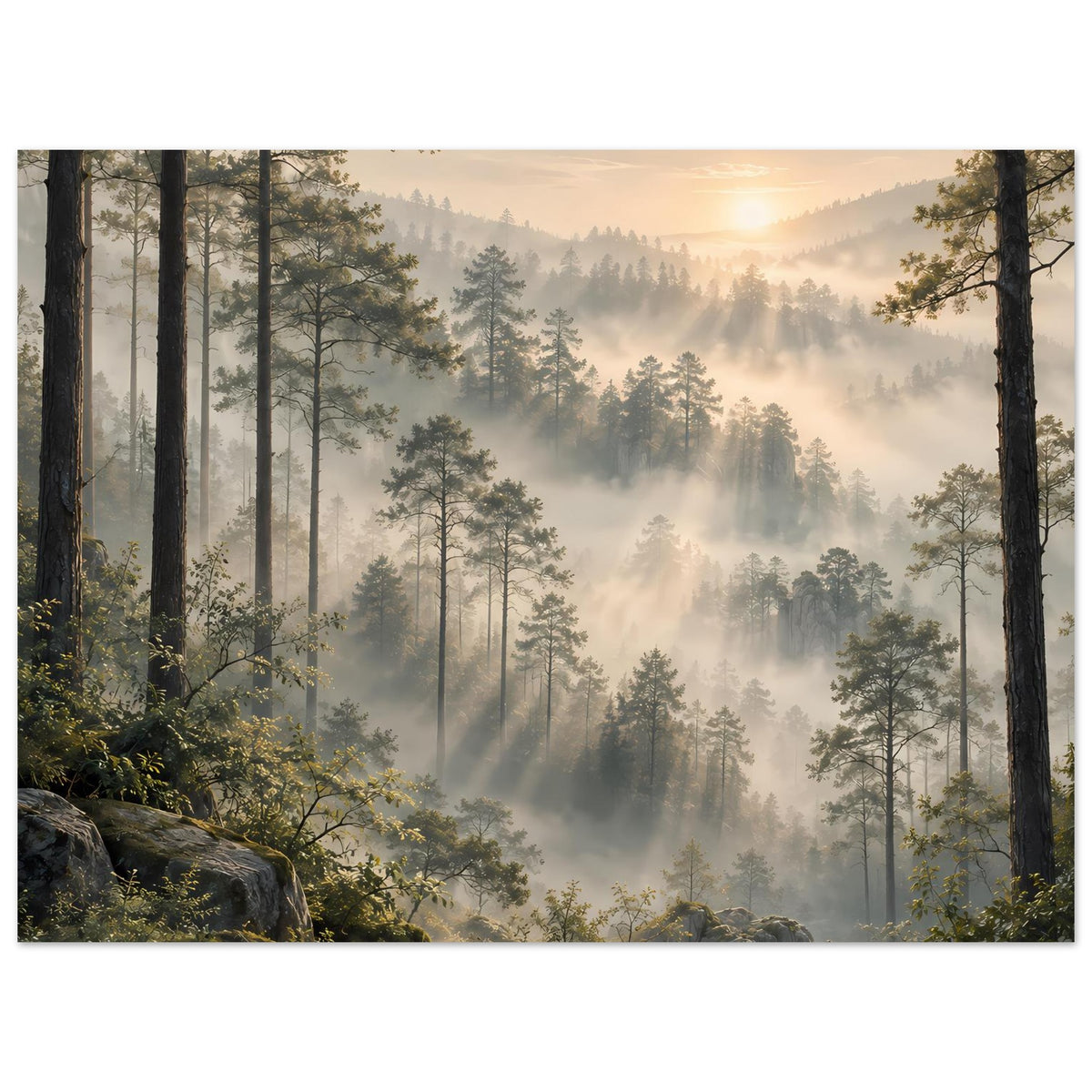 Wandposter mit Nebelwald und Sonnenaufgang, schlanke Bäume, Fels und Farne im Vordergrund
