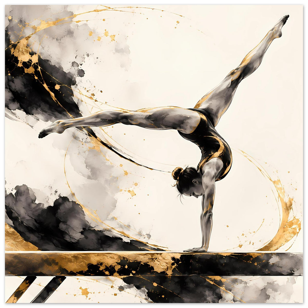Gymnastikposter: Turnerin im Handstand, schwarz-gold, unten mit schrägen Streifen